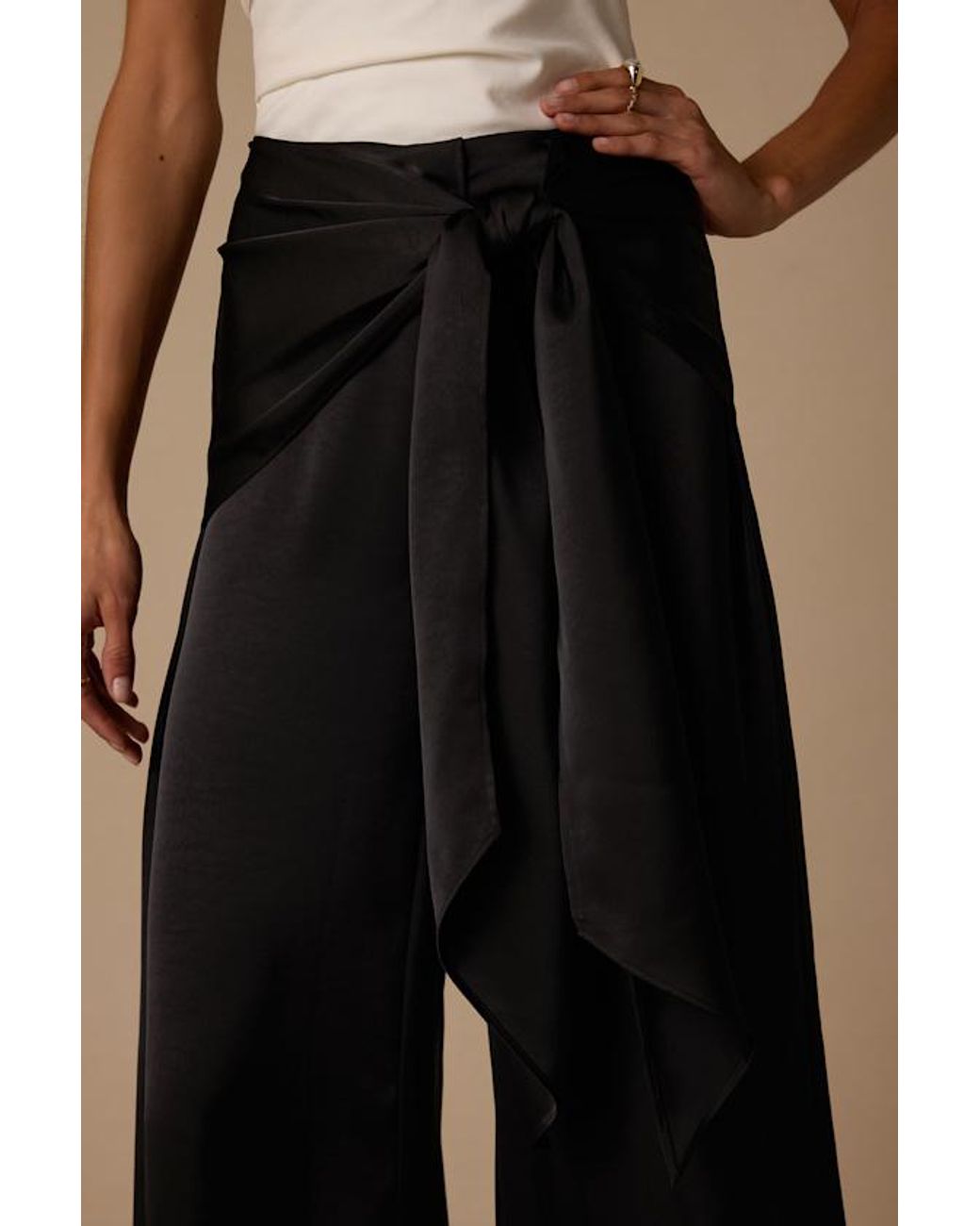 Lulus Natural Ivaya Satin Sash Wide-Leg Pants