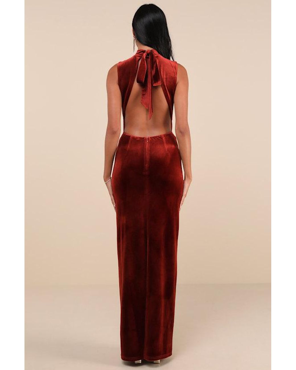 Lulus Notorious Stunner Rust Velvet Mock Neck Backless Maxi Dress in Red |  Lyst UK