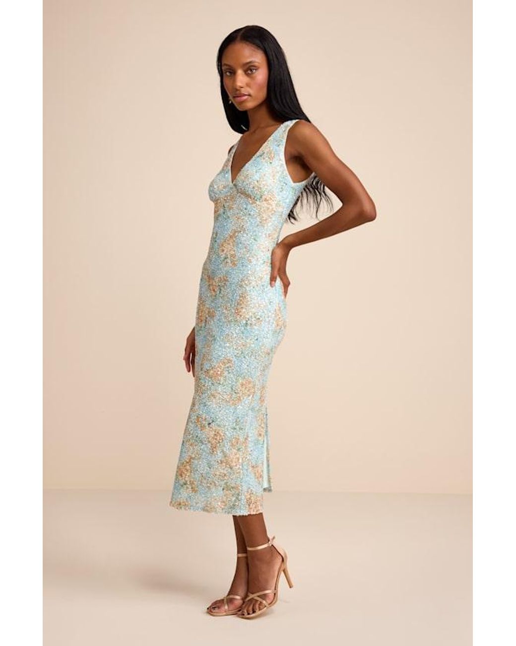 Lulus Natural Renita Floral Sequin Column Midi Dress