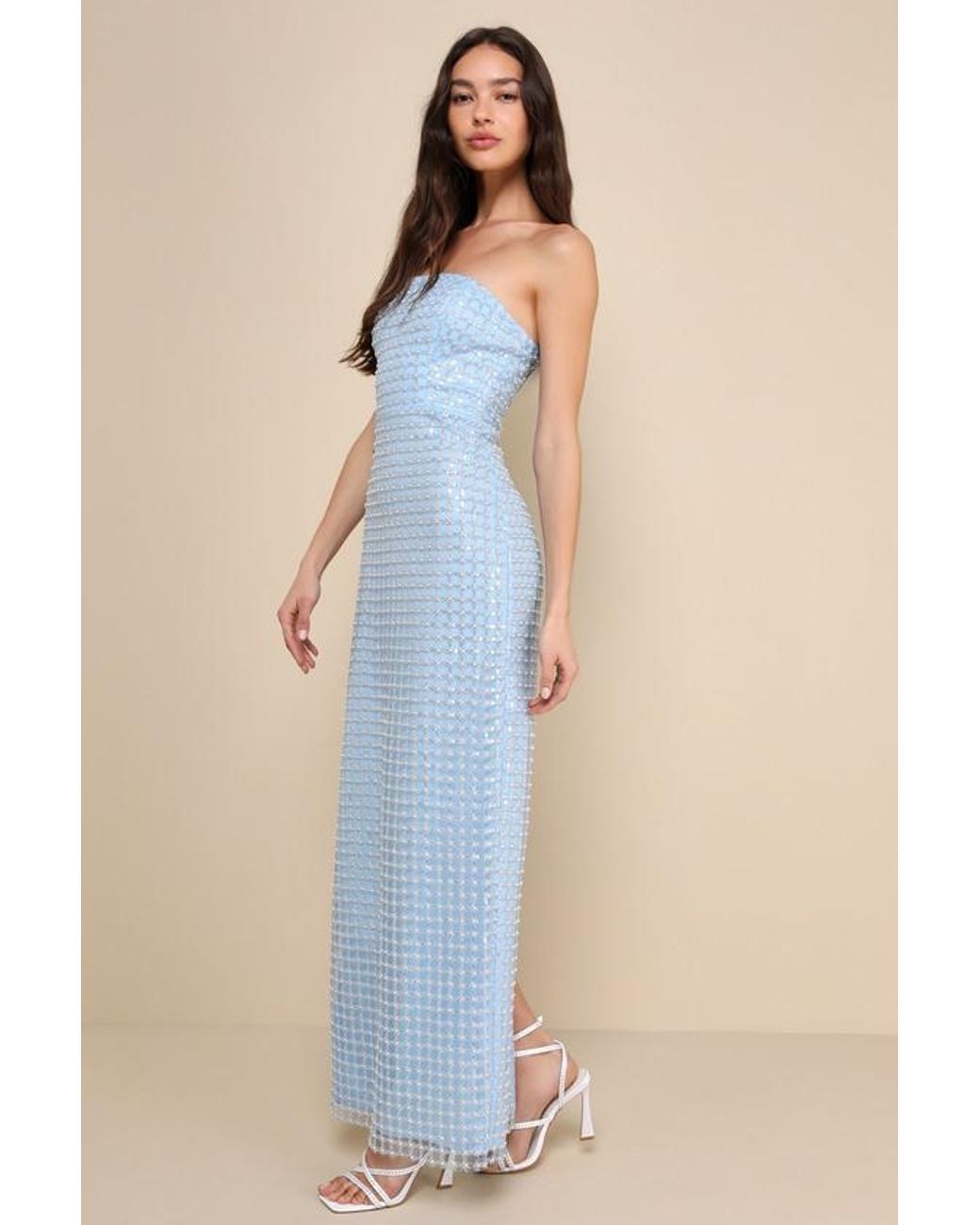 Lulus Blue Perfectly Luxurious Pearl Strapless Maxi Dress