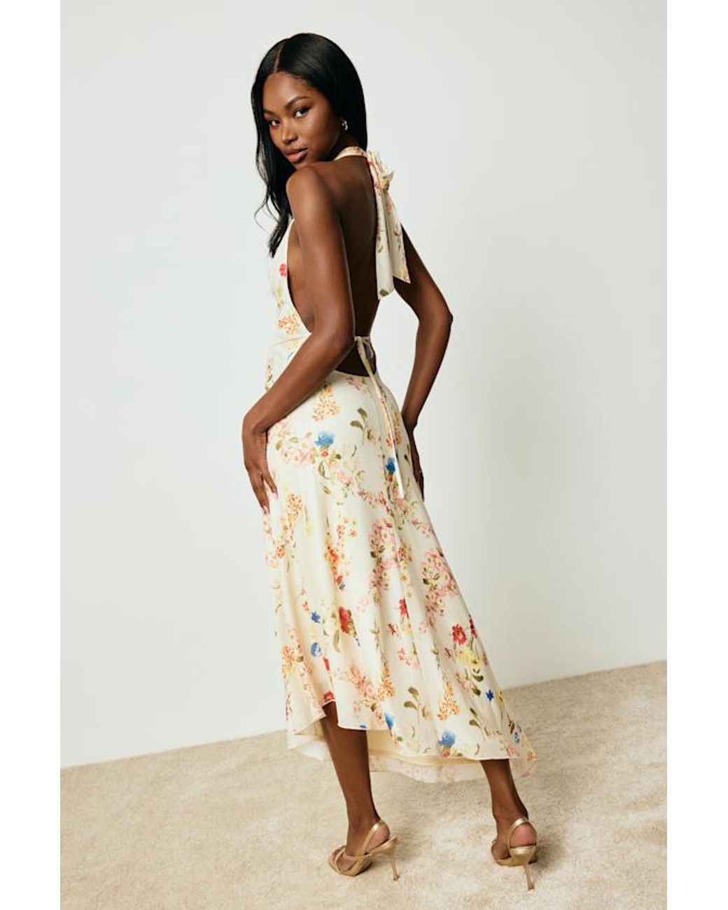 Lulus Natural Asa Cream Floral Halter Asymmetrical Midi Dress