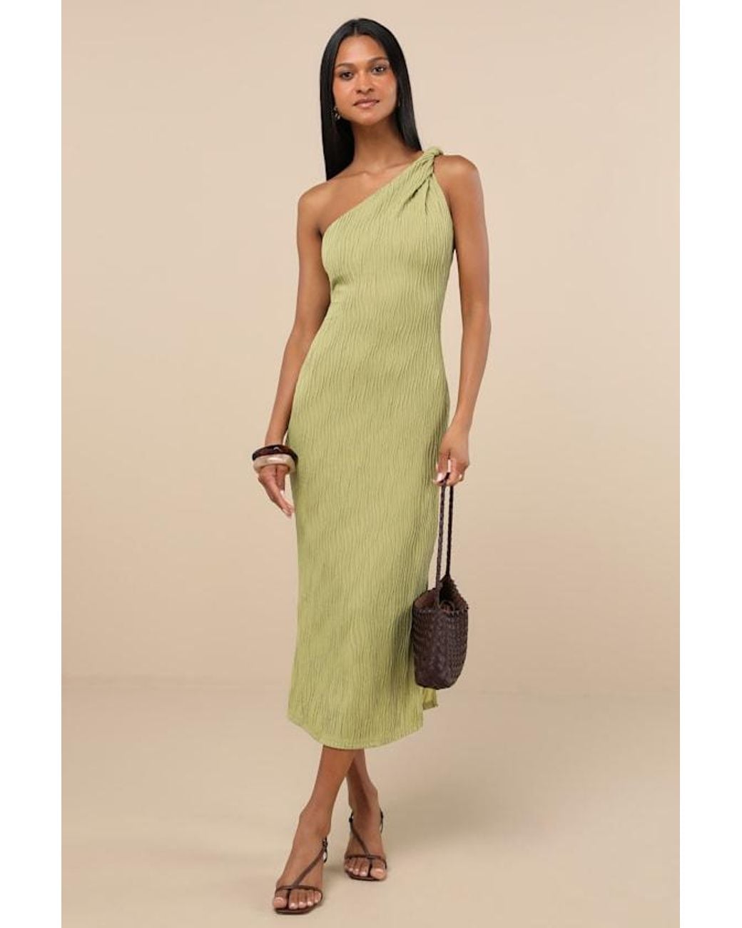 Lulus Green Aristea Light Textured One-Shoulder Midi Dress