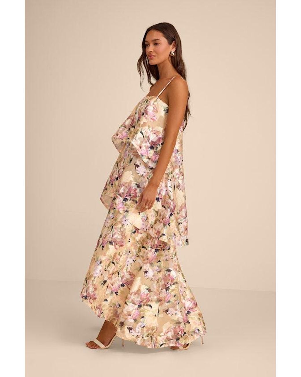 Lulus Natural Daneli Multi Floral Jacquard Tiered Maxi Dress