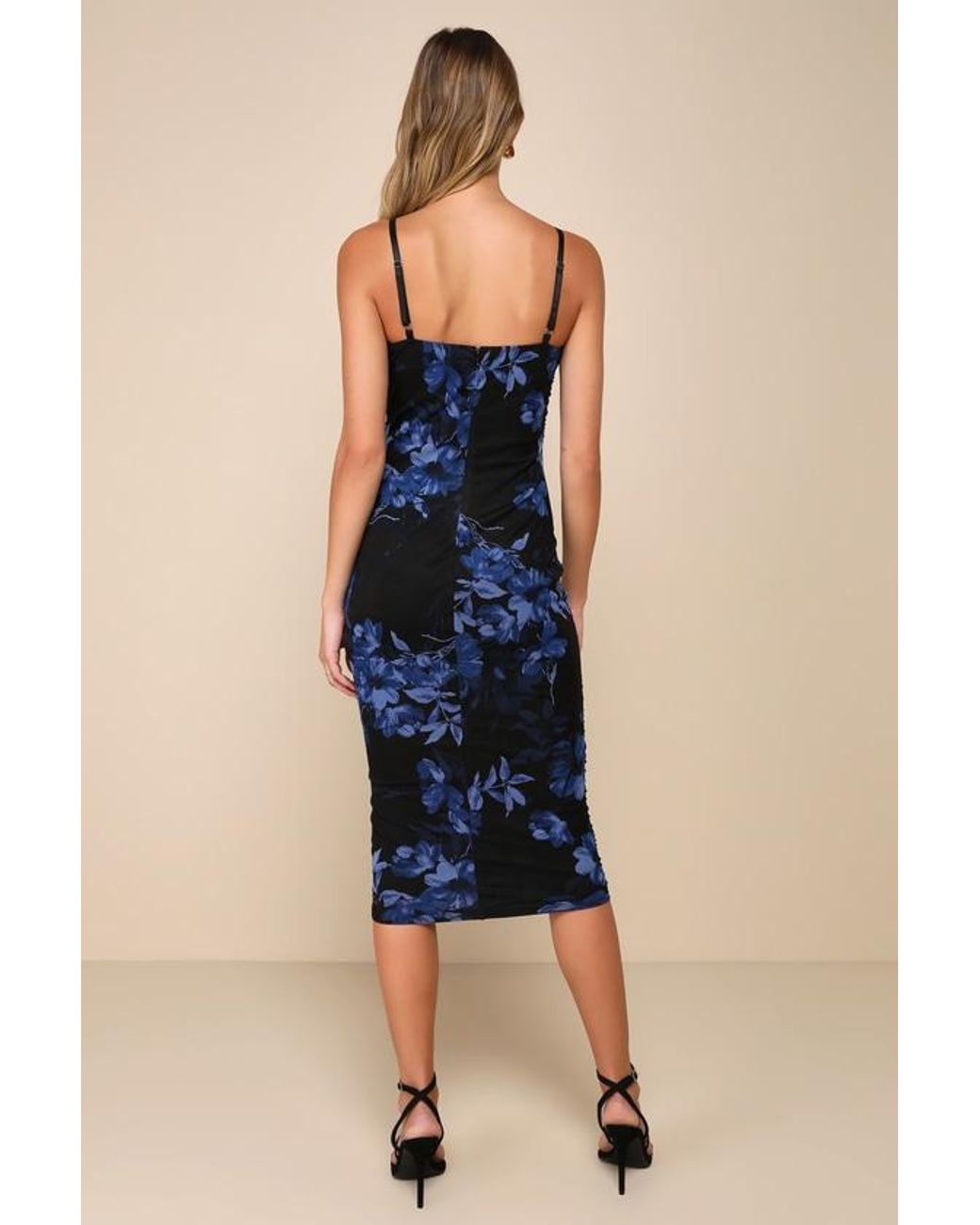 Lulus Blue Date Night Beauty Floral Print Mesh Ruched Midi Dress