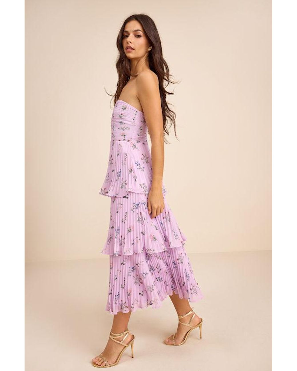 Lulus Pink Hadelyn Floral Pleated Tiered Midi Dress