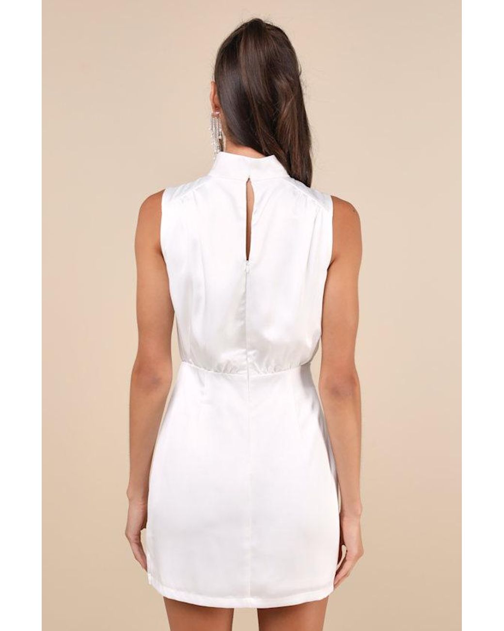 Lulus White Classic Elegance Satin Sleeveless Mock Neck Mini Dress