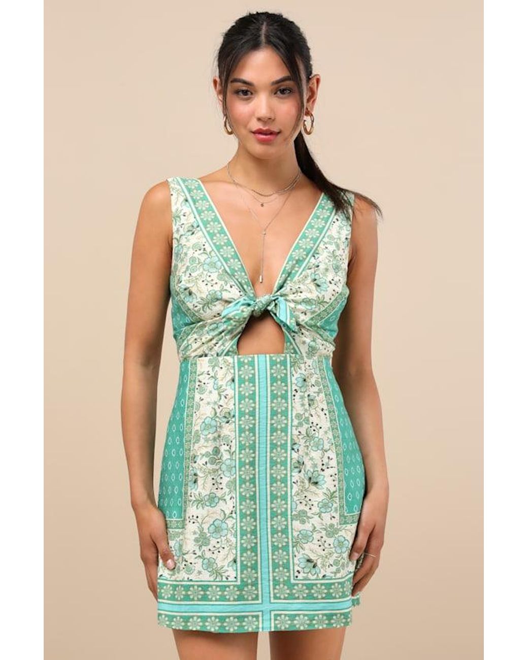 Lulus Green Silvana Multi Floral Knot-Front Mini Dress
