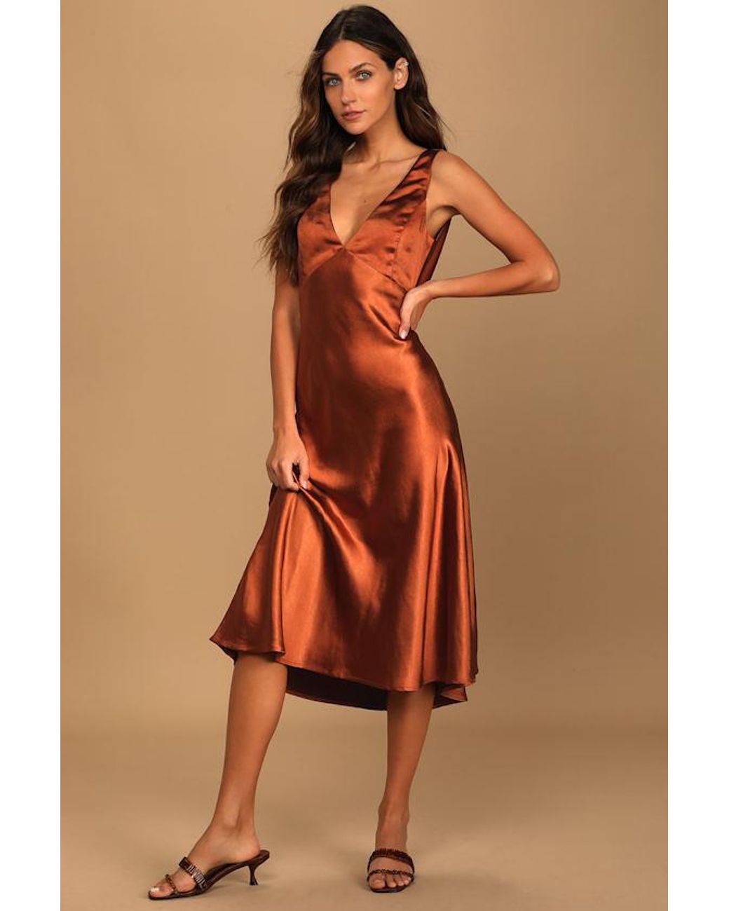 Lulus Brown Incredible Love Satin Cowl Back Midi Slip Dress