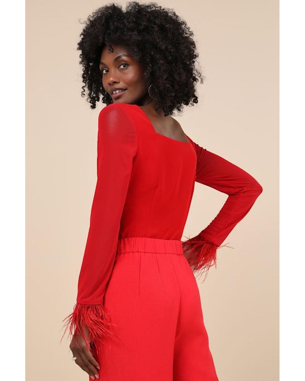 Lulus Red Effortlessly Luxe Feather Long Sleeve Bodysuit
