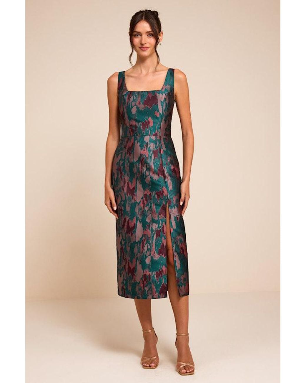 Lulus Blue Diani Abstract Jacquard Column Midi Dress