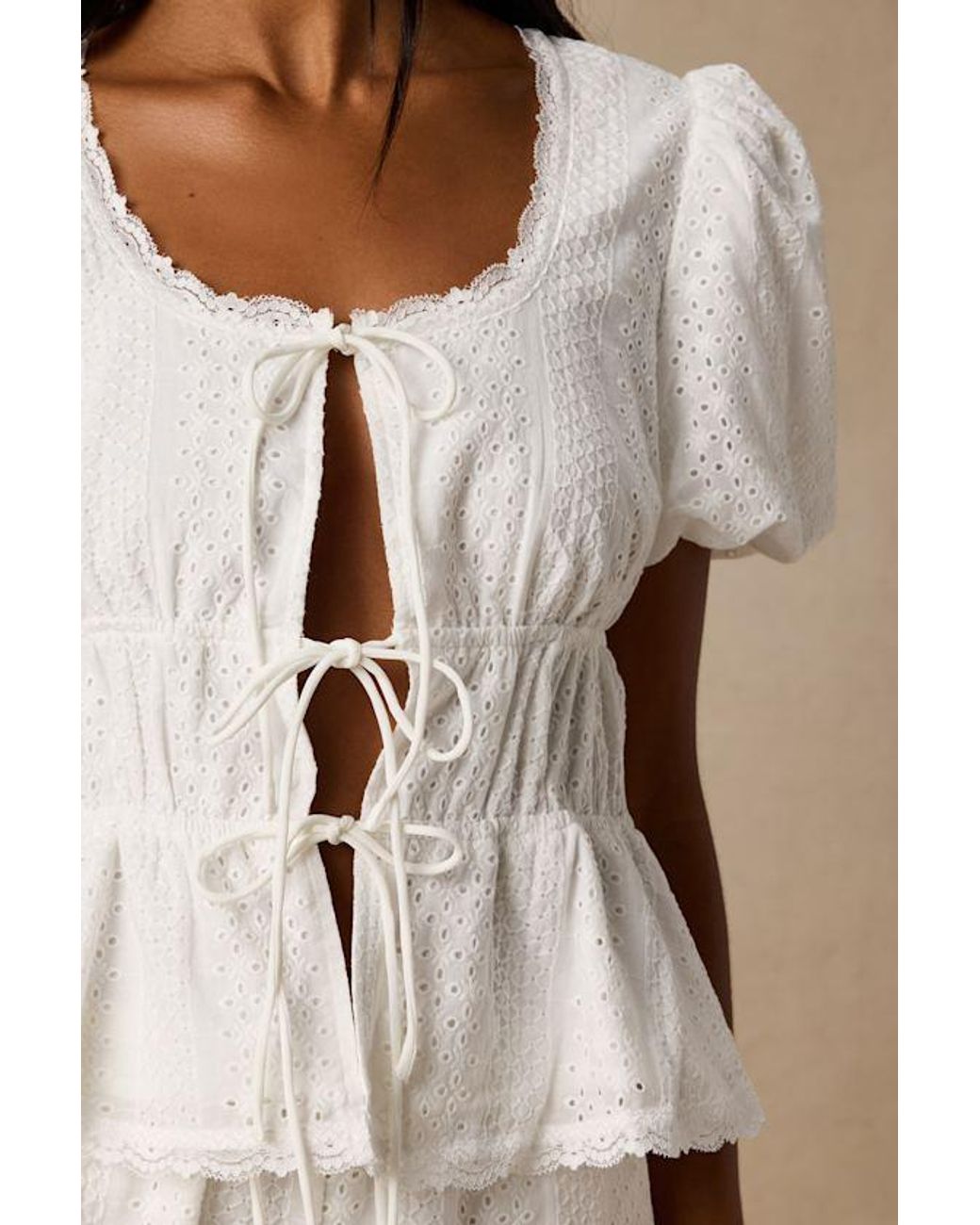 Lulus White Delora Eyelet Embroidered Tie-Front Top
