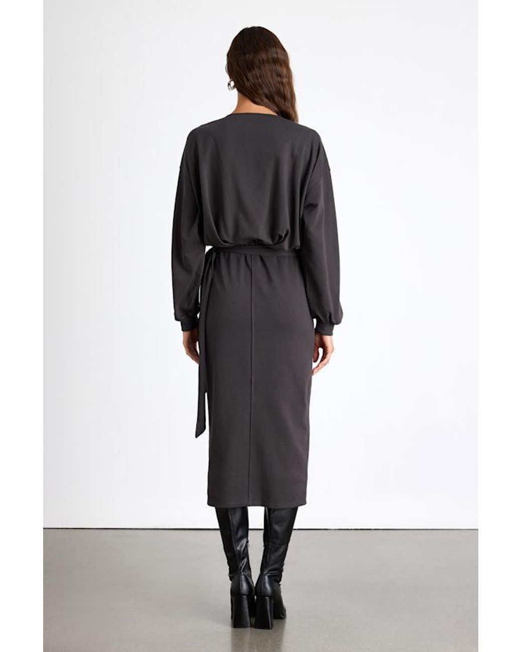 Lulus Black Eunia Jersey Knit Long Sleeve Wrap Midi Dress