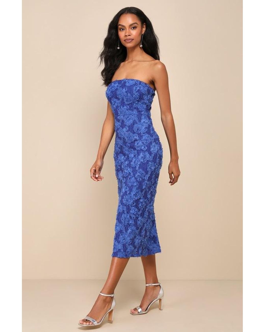 Lulus Blue Flawless Perfection Floral Applique Strapless Midi Dress