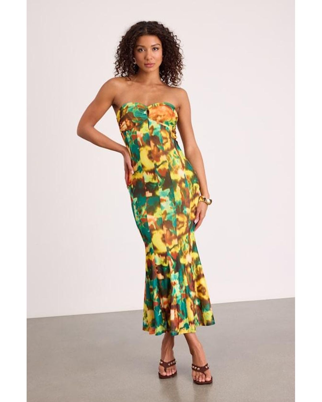 Lulus Yellow Islay Multi Abstract Mesh Strapless Midi Dress