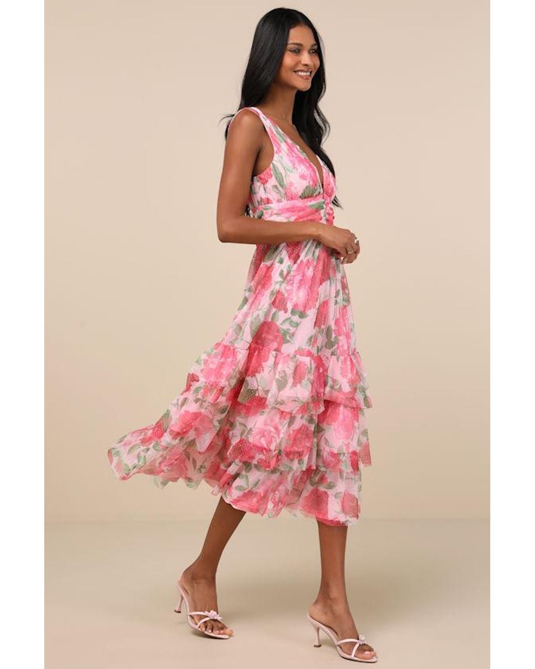 Lulus Pink Perfectly Divine Floral Tulle Tiered Ruffled Midi Dress