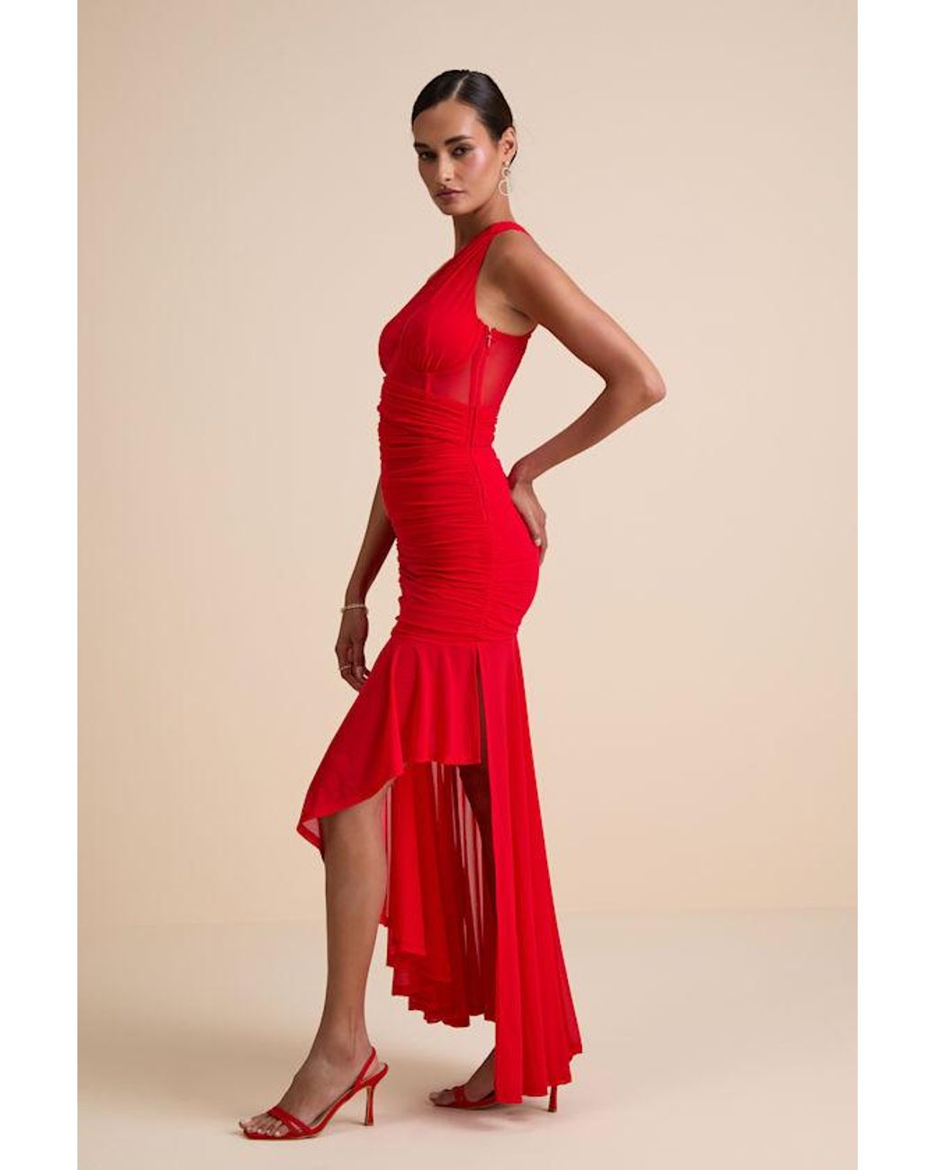 Lulus Red Marcellina Mesh Ruched One-Shoulder Maxi Dress