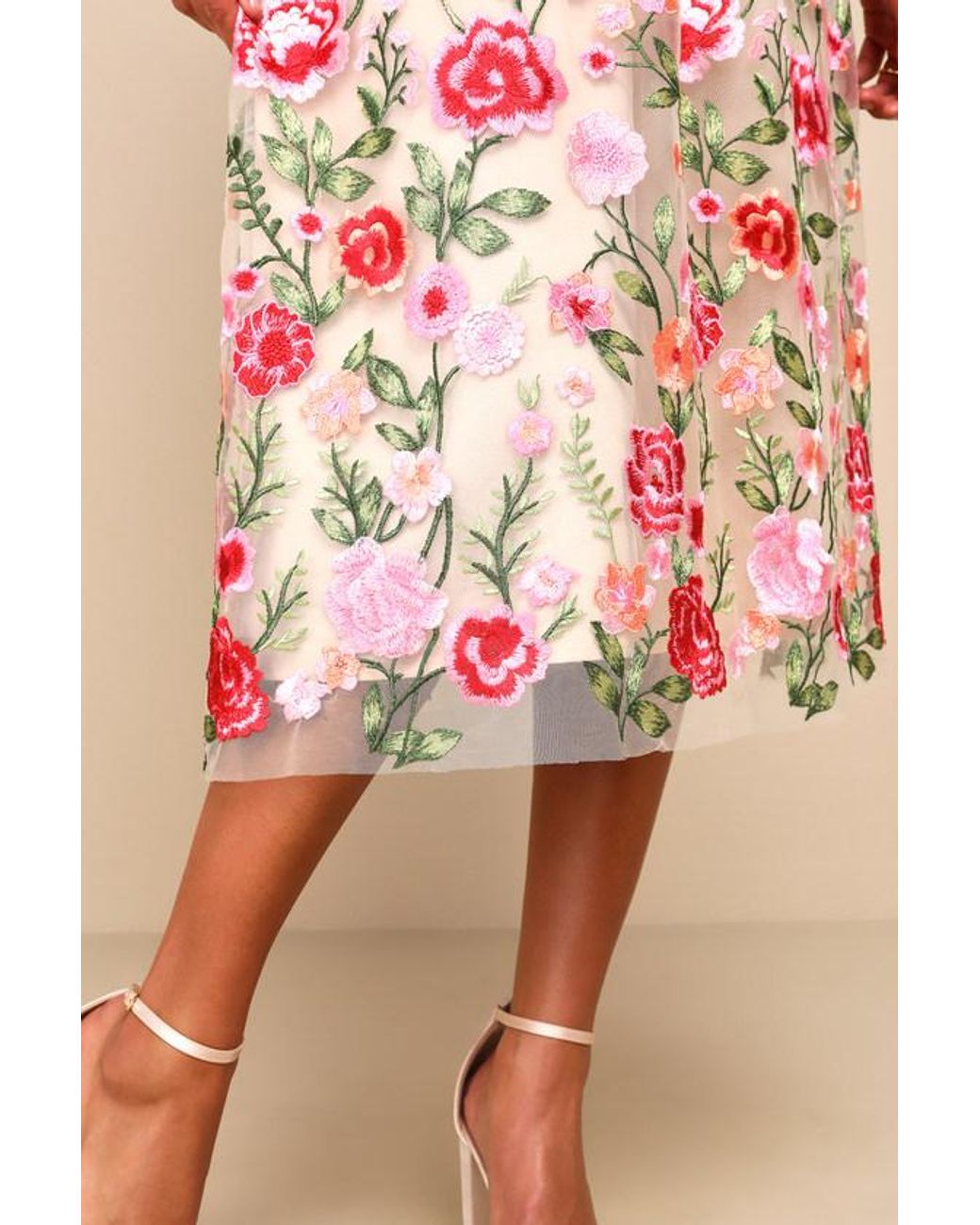 Lulus Pink Endless Praise Floral Embroidered Strapless Midi Dress