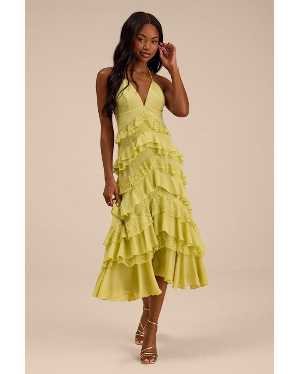 Lulus Yellow Melena Chartreuse Ruffled Lace Midi Dress