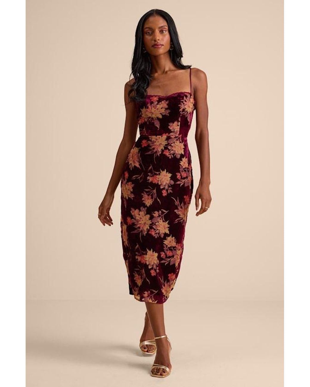 Lulus Erisa Velvet Floral Burnout Midi Dress in Natural