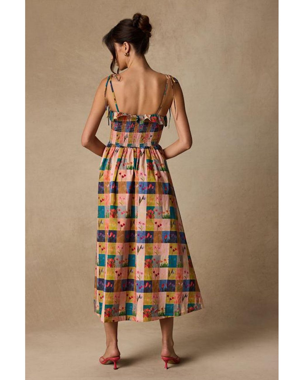 Lulus White Alessandra Blush Multi Gingham Floral Tie-Strap Midi Dress
