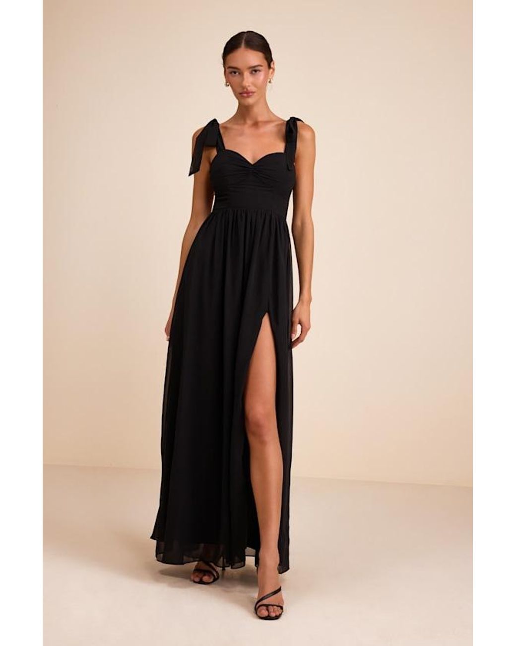 Lulus Black Radiant Charisma Chiffon Ruched Tie-Strap Maxi Dress
