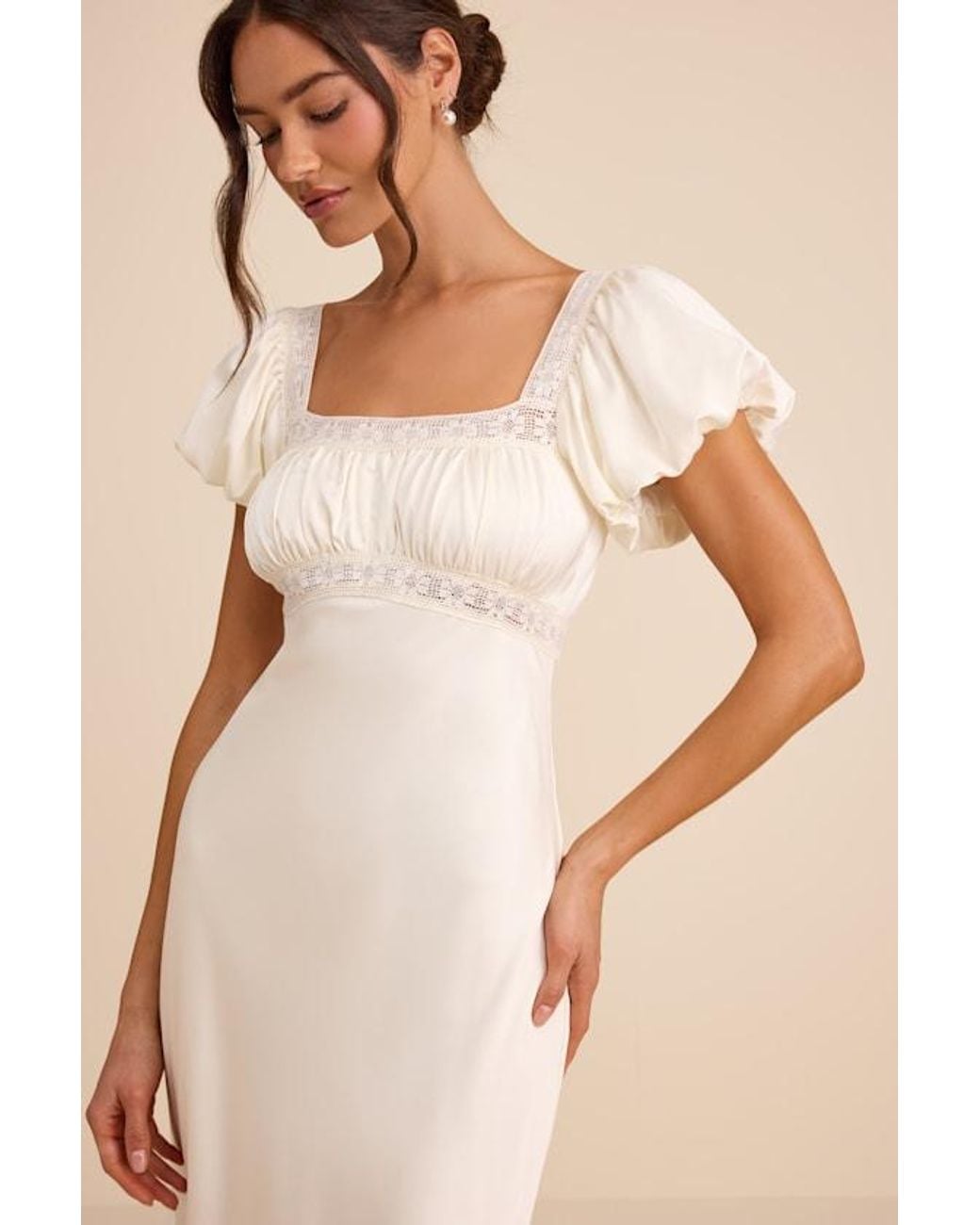 Lulus Natural Catherine Satin Puff Sleeve Slip Midi Dress