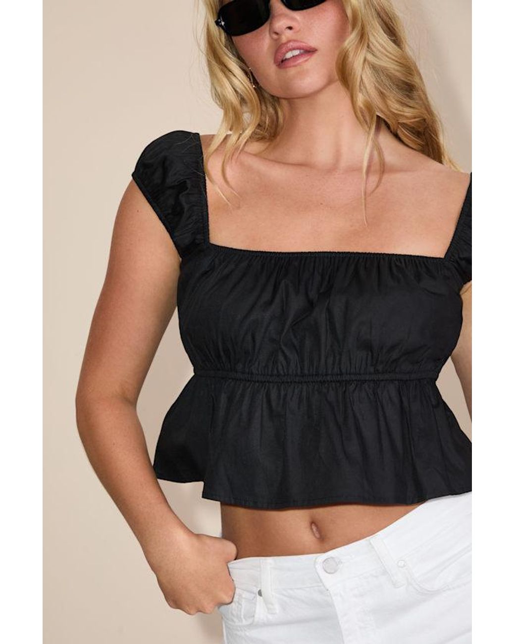 Lulus Black Agneta Cap Sleeve Peplum Top