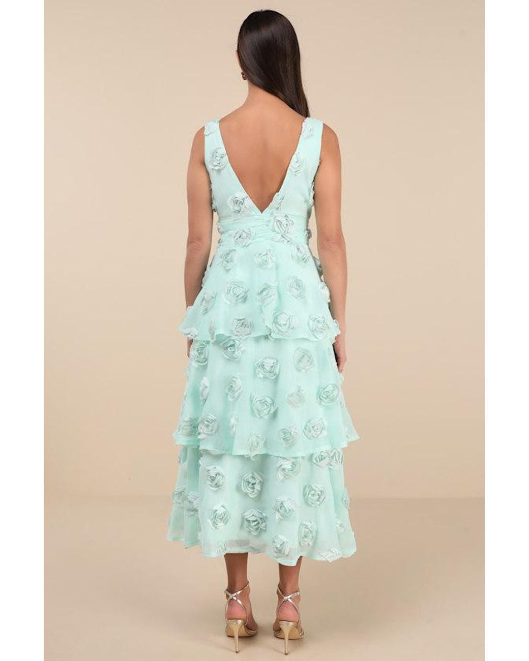 Lulus Green Exceptional Entrance Mint Sleeveless Tiered Rosette Midi Dress