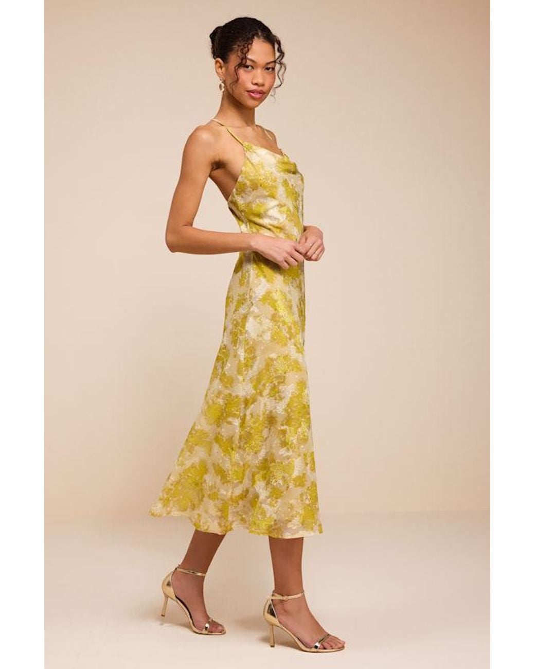 Lulus Yellow Neida Floral Burnout Cowl Neck Midi Dress