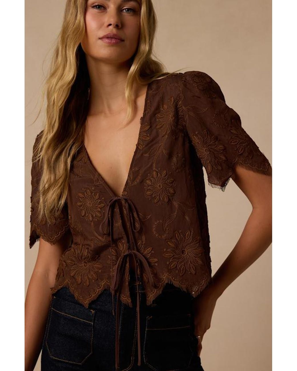 Lulus Brown Vintage Aesthetic Embroidered Tie-Front Fringe Hem Top
