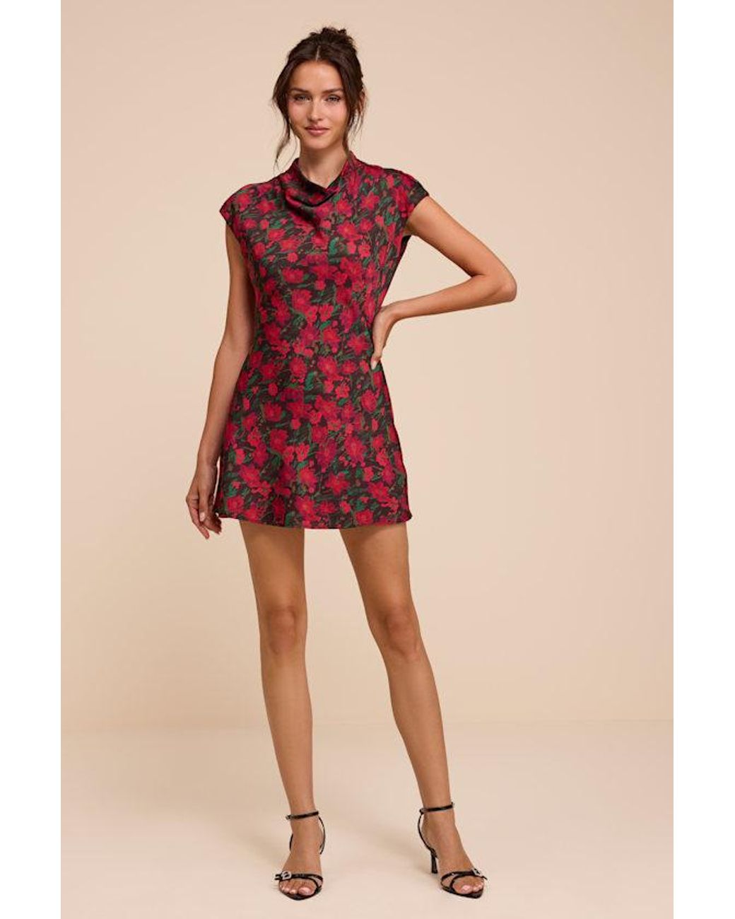 Lulus Red Ariya Multi Floral Satin Mock Neck Mini Dress