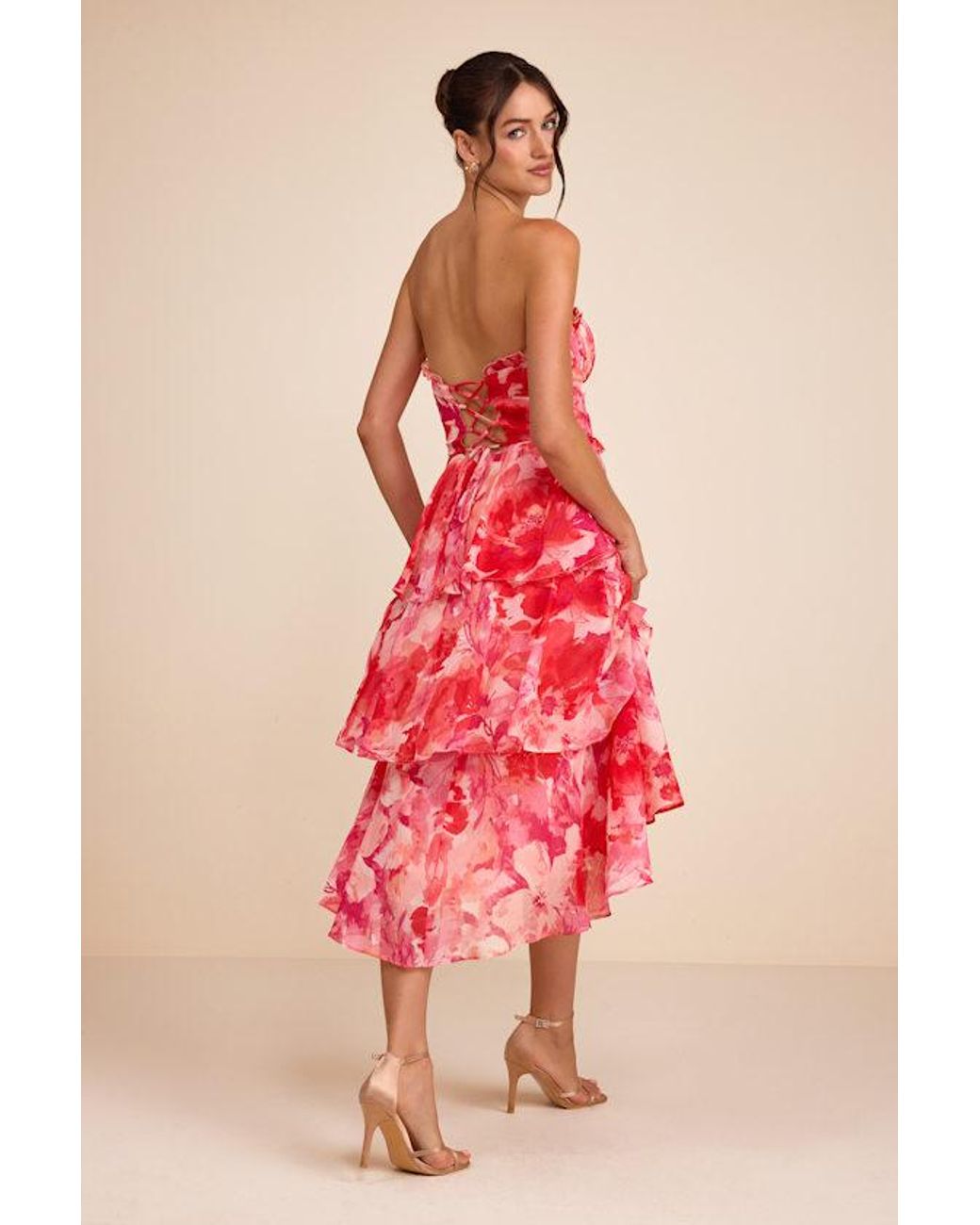 Lulus Pink Vaya Multi Floral Tiered Midi Dress