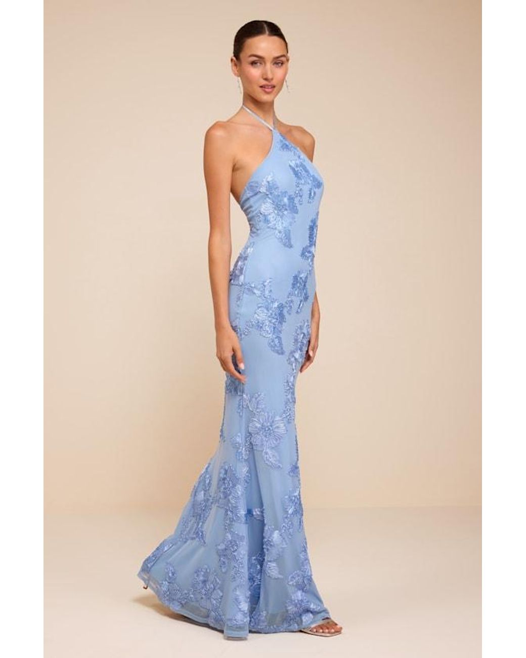 Lulus Blue Celyna Mesh Floral Applique Maxi Dress