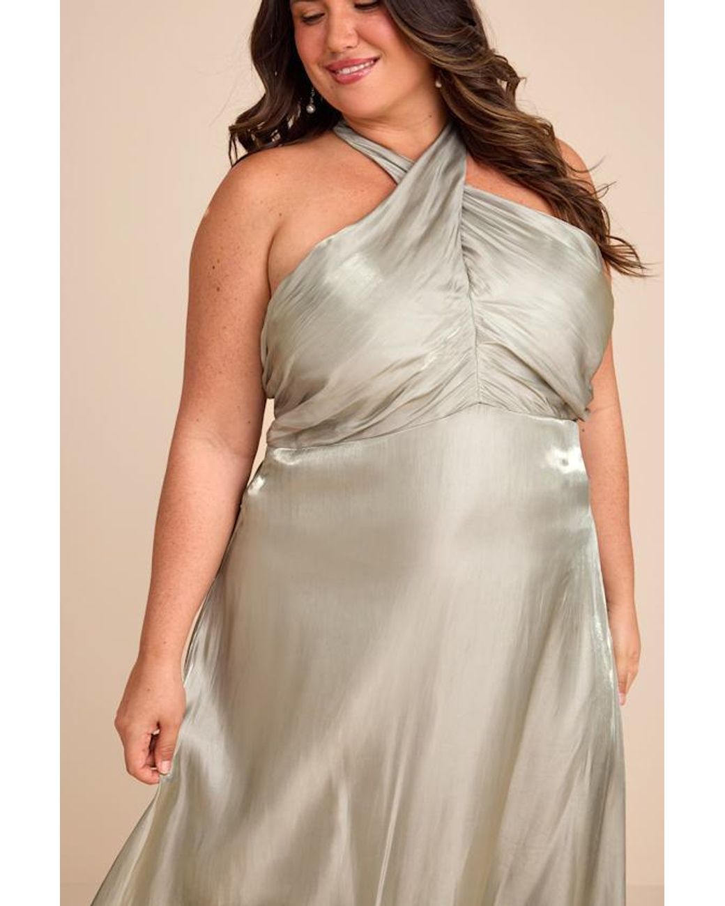 Lulus Natural Canley Sage Satin Cross-Front Halter Maxi Dress
