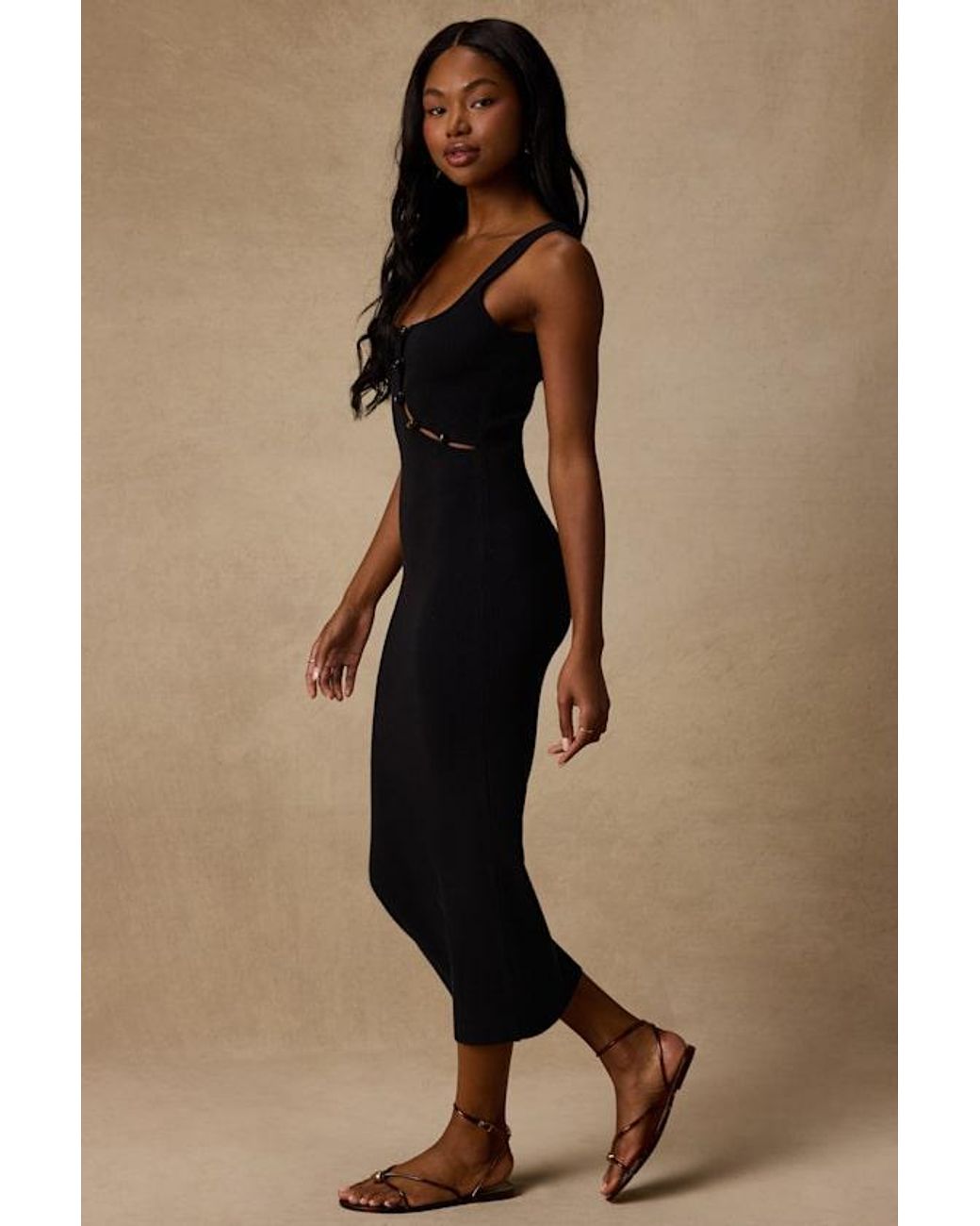 Lulus Brown Clairo Ribbed Knit Cutout Midi Dress