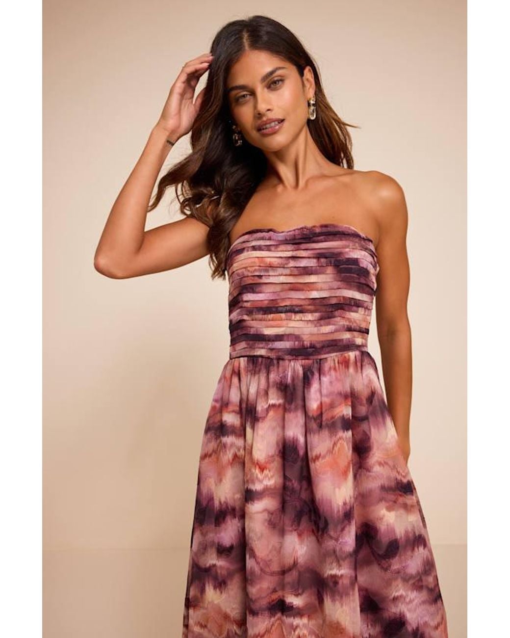 Lulus Red Mykala Abstract Pleated Strapless Maxi Dress
