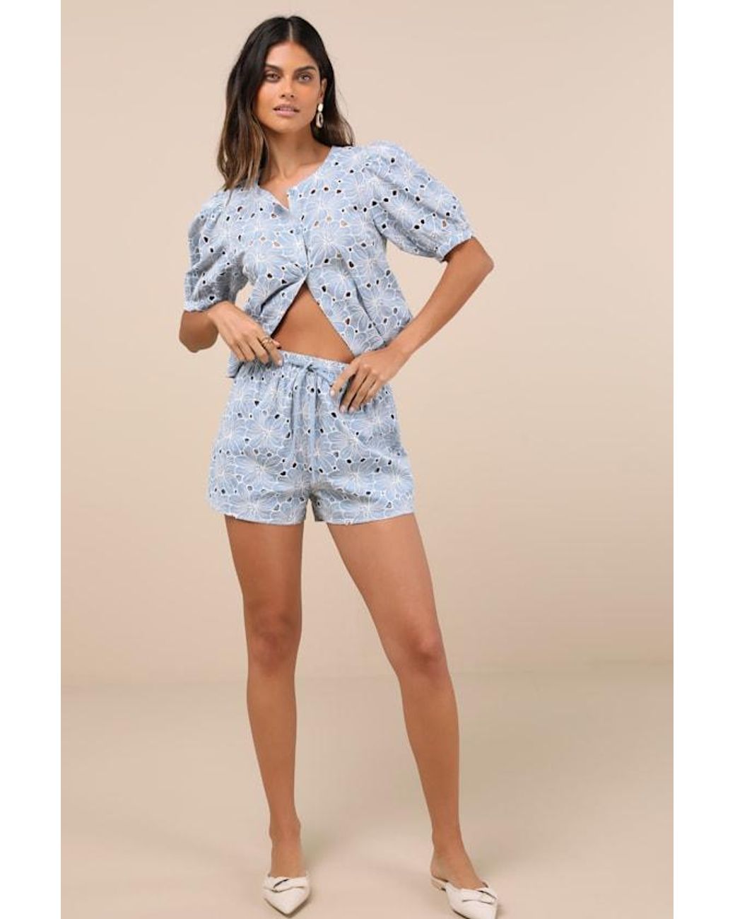 Lulus Blue Aminta Eyelet Embroidered Drawstring Shorts
