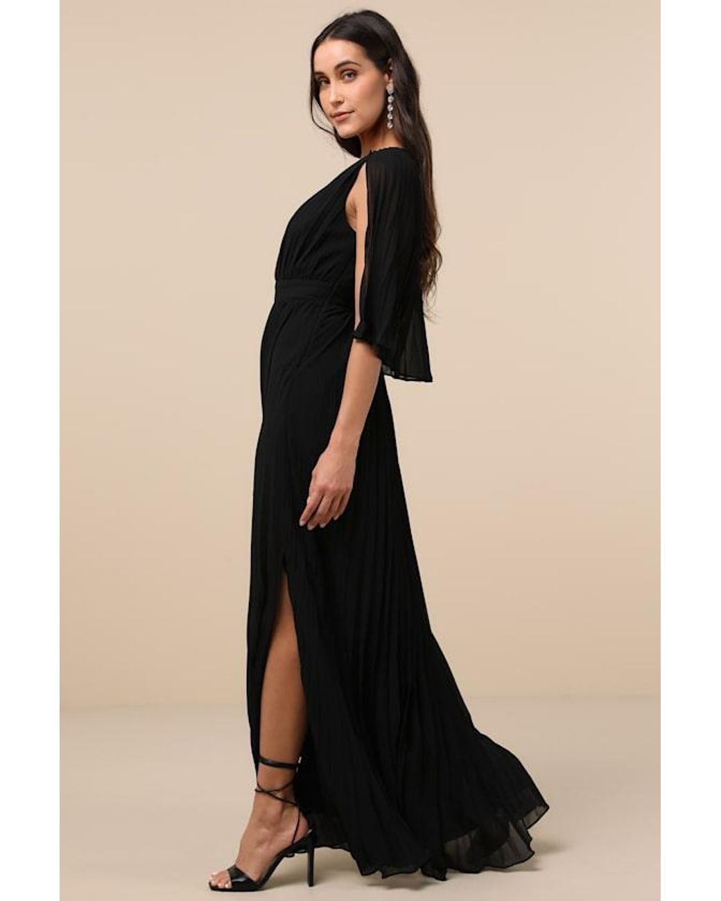Lulus Majestic Aura Pleated Cape Maxi Dress in Black | Lyst UK