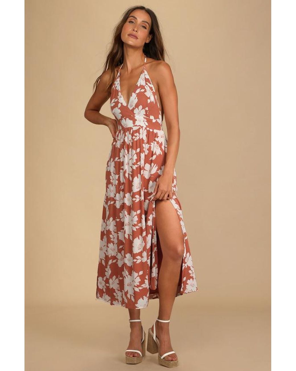 Lulus Natural Follow The Summer Floral Print Halter Midi Dress