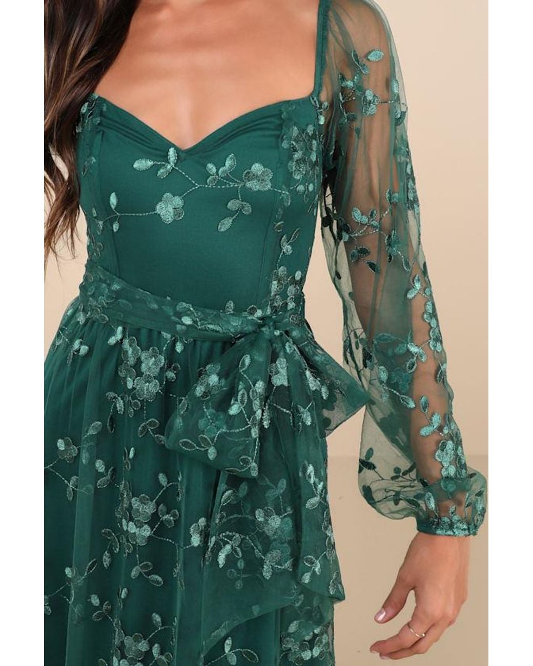 Lulus Green Darling Charisma Emerald Mesh Embroidered Midi Dress
