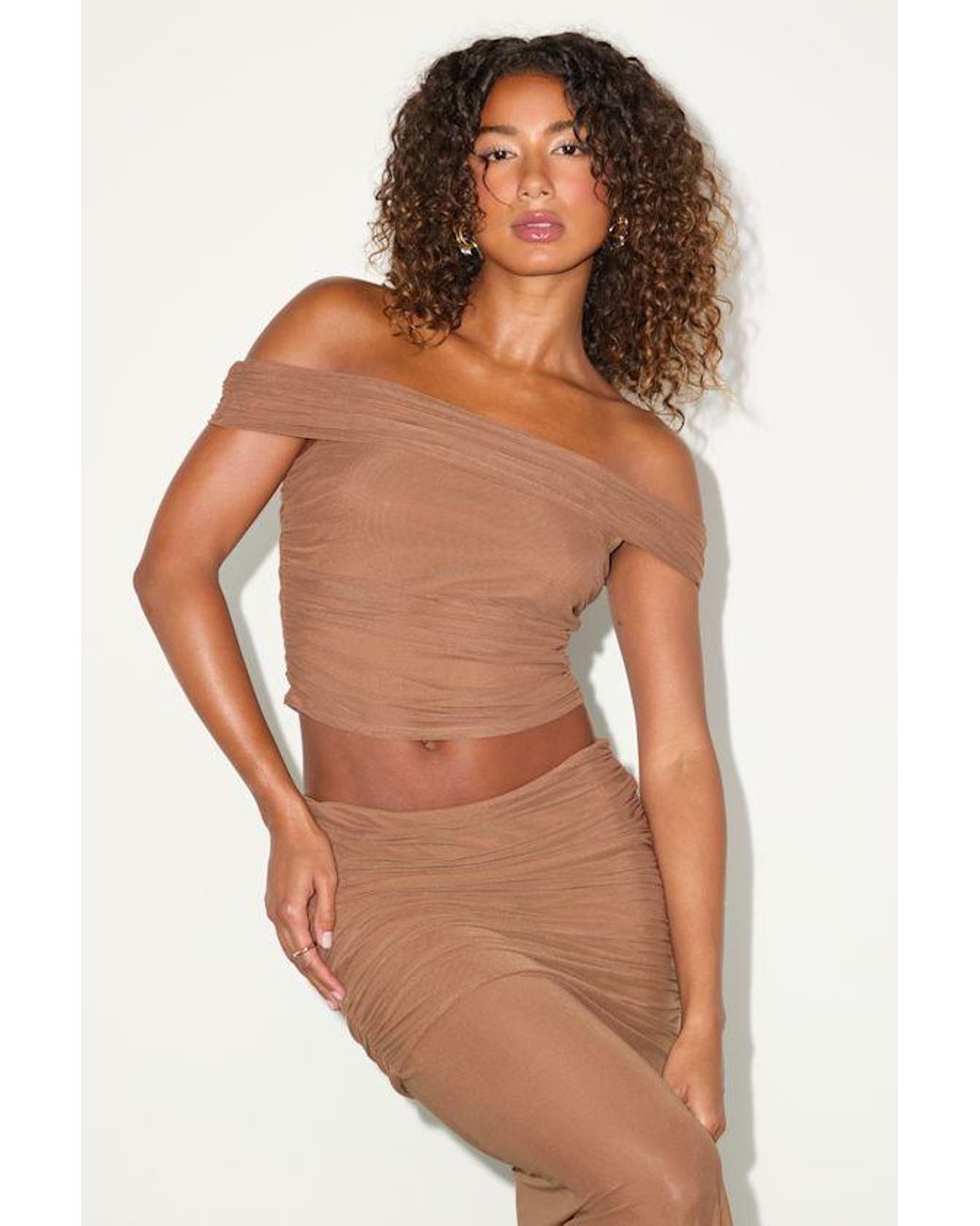 Lulus Brown Cadie Mesh Off-The-Shoulder Top