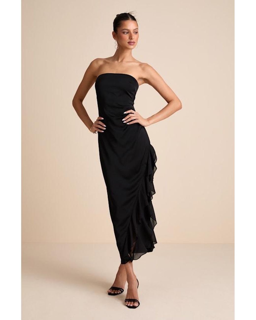 Lulus Natural Graceful Perfection Satin Ruffled Strapless Midi Dress
