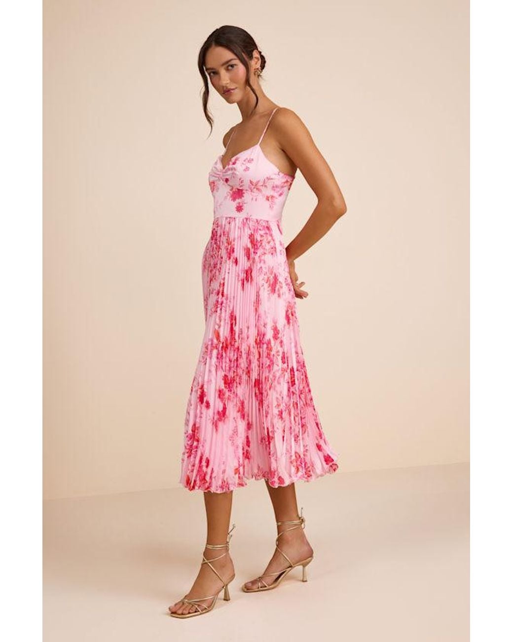 Lulus Pink Francette Floral Satin Pleated Midi Dress