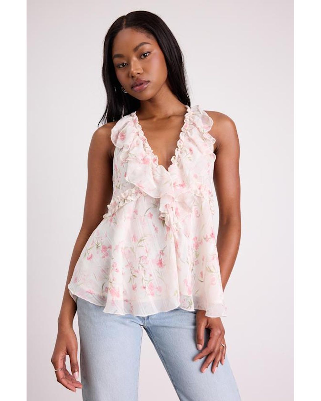 Lulus White Sashi Floral Ruffled Tank Top