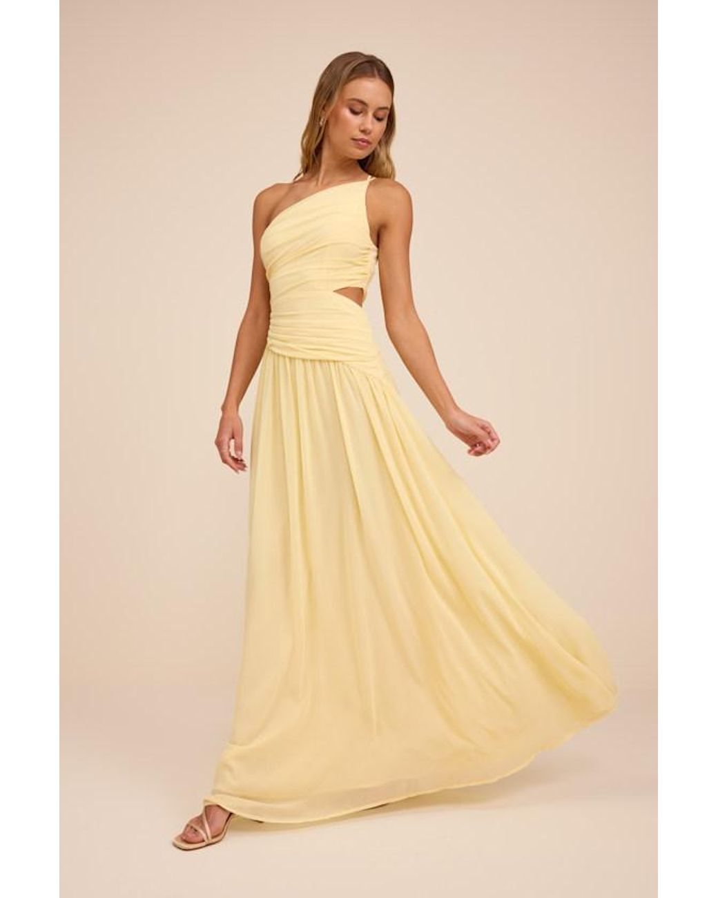 Lulus Natural Marcela Pale Ruched One-Shoulder Maxi Dress
