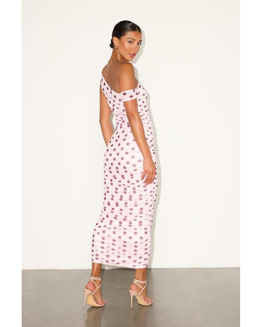 Lulus Pink Decca Blush Polka Dot Mesh Ruched Maxi Dress
