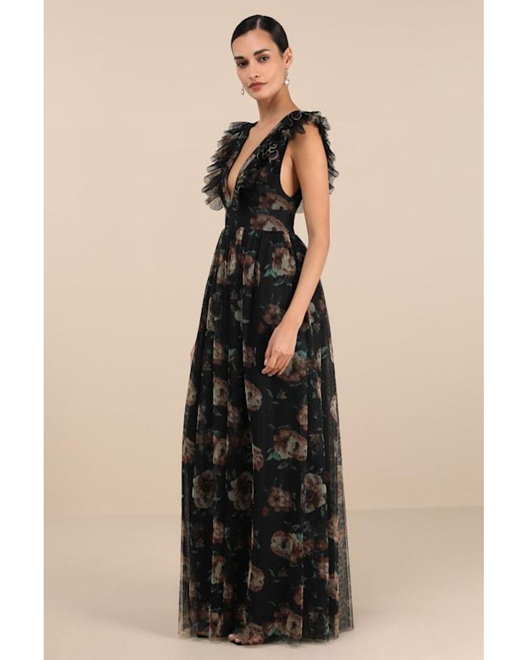 Lulus Black Simply Delighted Floral Mesh Ruffled Backless Maxi Dress