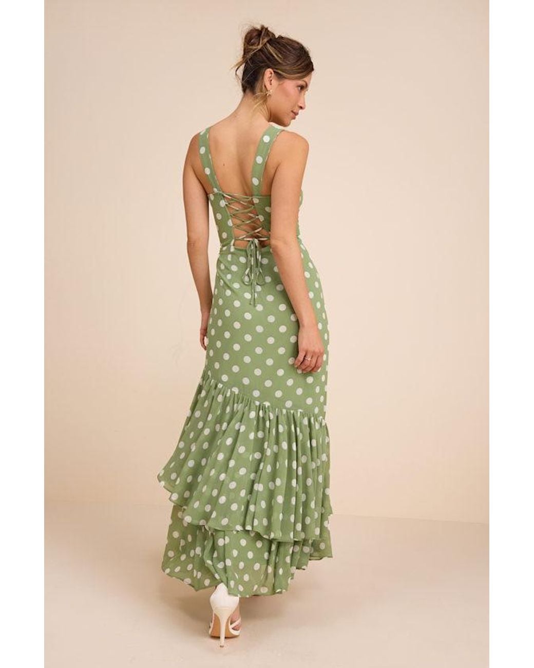 Lulus Green Raynelle Light Polka Dot Lace-Up Tiered Maxi Dress