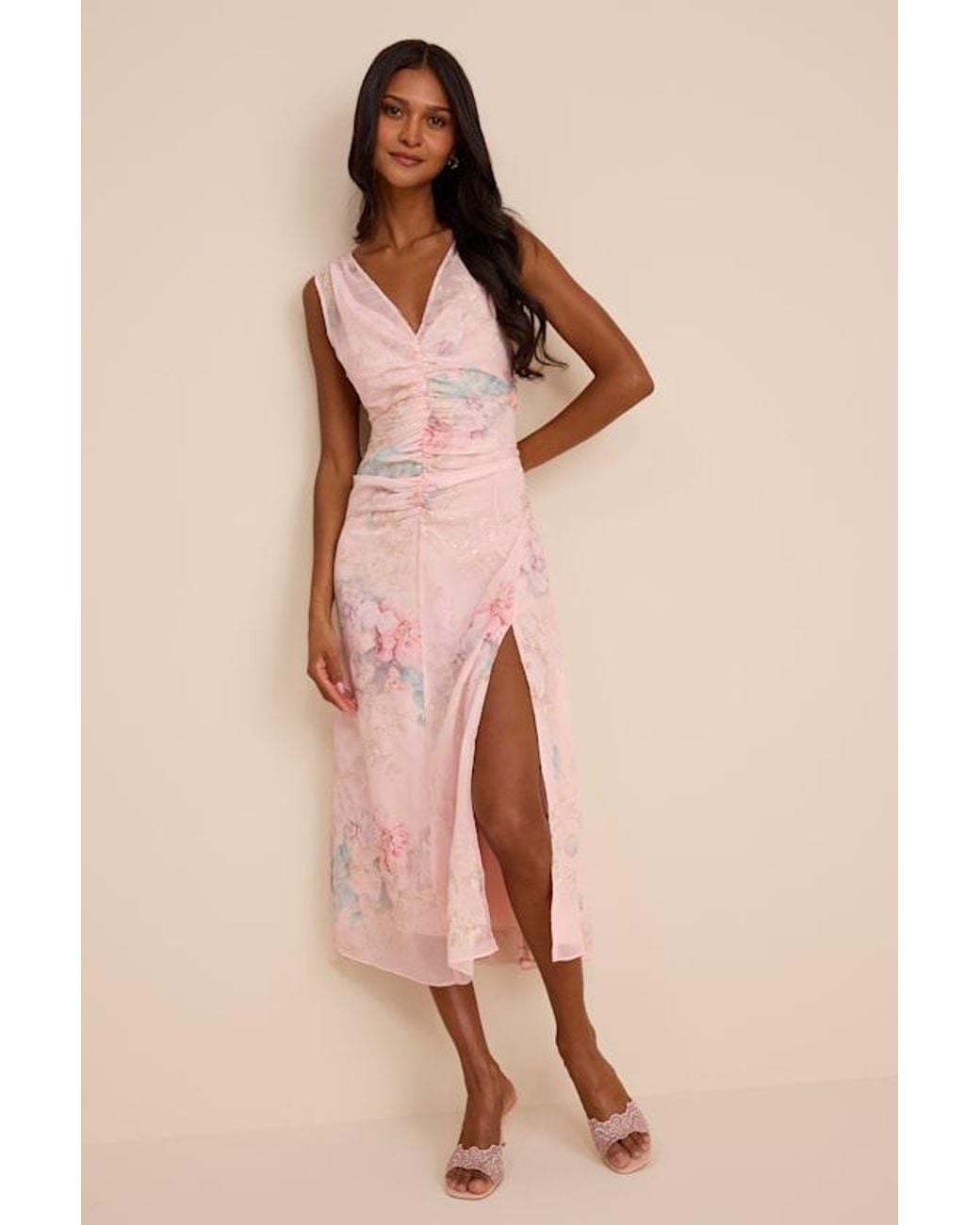 Lulus Natural Jilly Blush Floral Embroidered Ruched Midi Dress