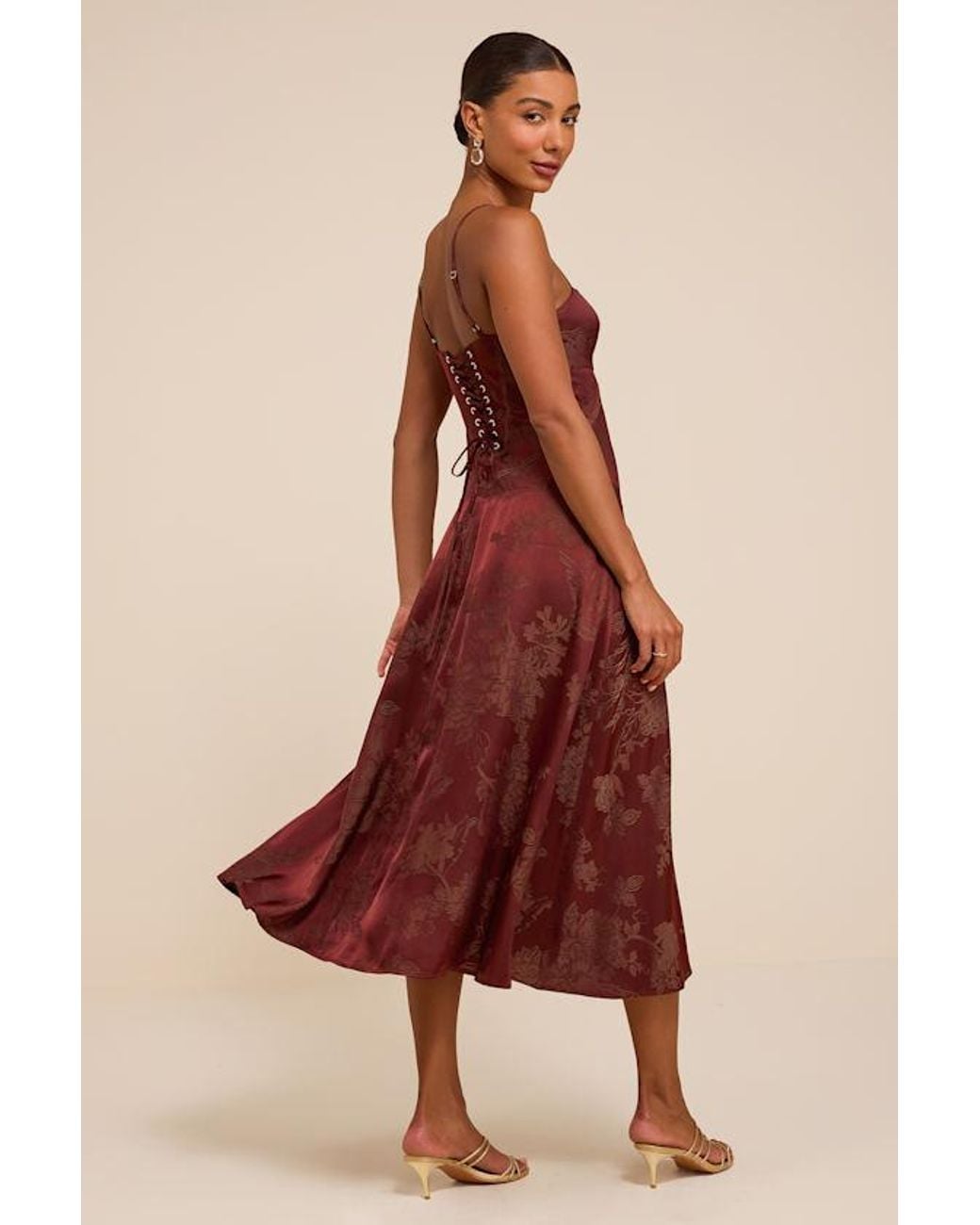 Lulus Red Dex Rust Jacquard Lace-Up Midi Dress